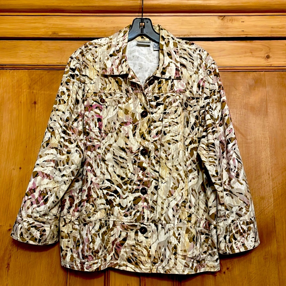 Chicos Jean Jacket style. Shades of Brown/Beige.Cotton.3/4 sleeve.Chicos size 3.